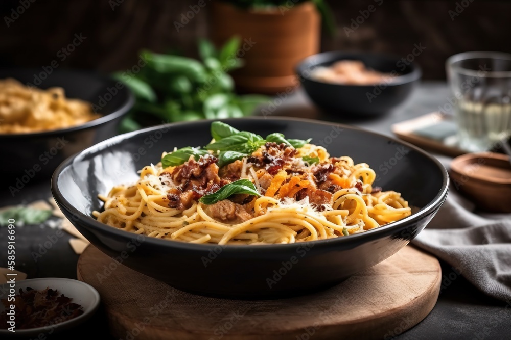  a bowl of pasta with meat and vegetables on a wooden board next to a glass of water and a plate of 