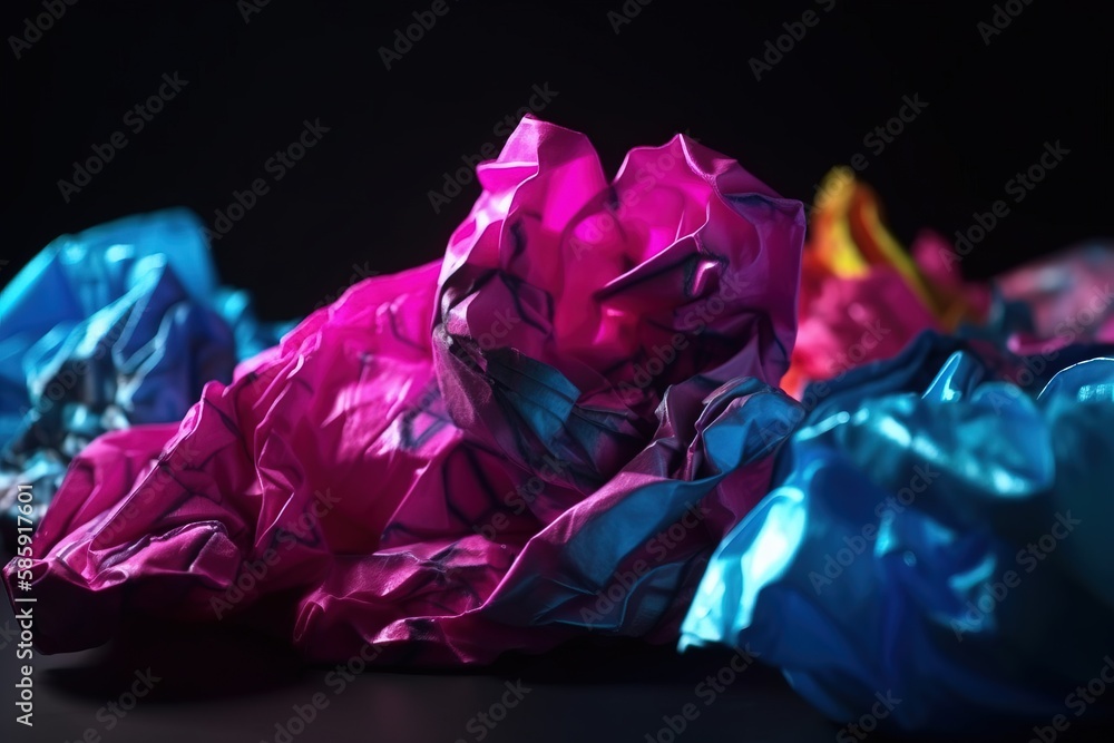  a bunch of crumpled paper sitting on top of a black tablecloth covered in pink, blue, and purple co