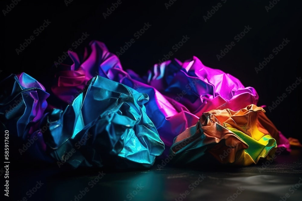  a group of colorful crumpled paper on a black surface with a black background and a black backgroun