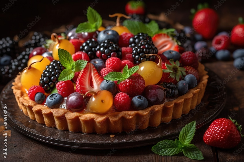  a fruit tart with fresh berries, raspberries, blueberries, and strawberries on top of it on a woode