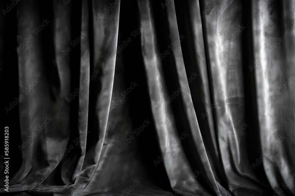  a black and white photo of a curtain with a cat sitting on the edge of the curtain and the curtain 