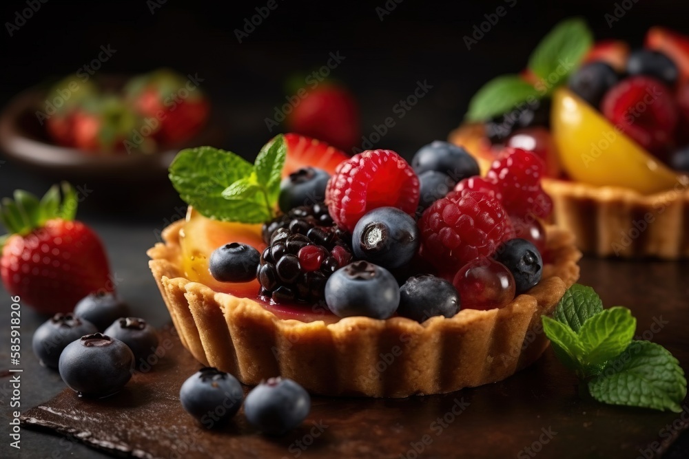  a close up of fruit tarts on a table with mint leaves and berries on top of the tarts and on the si