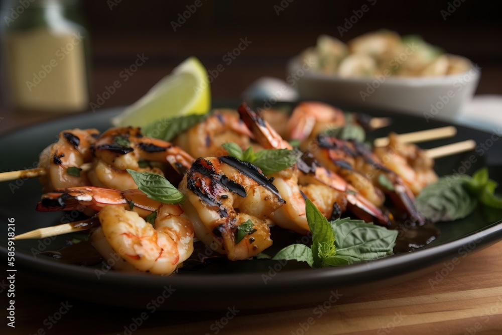  a plate of shrimp skewers with a lime wedge on top of it and a bowl of salad in the background on a