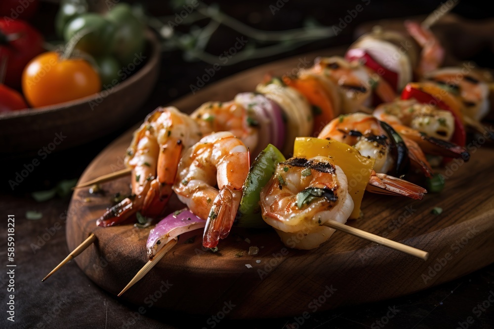  a close up of a plate of food with skewers of shrimp and vegetables on a wooden board next to a bow