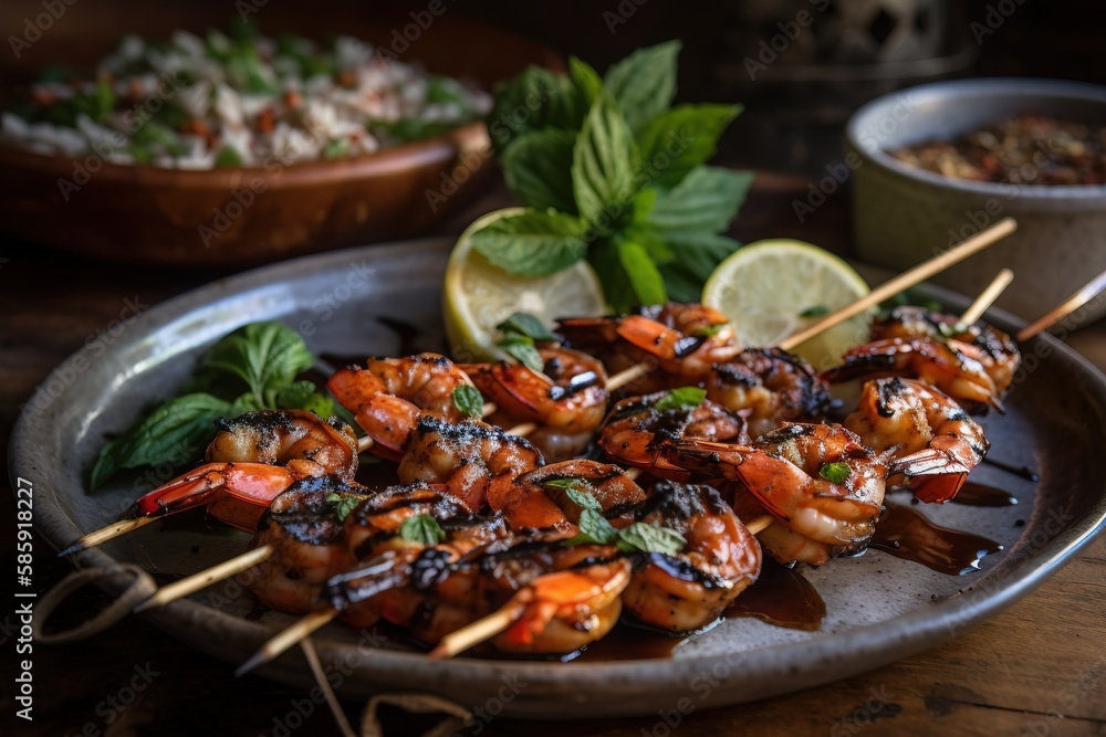  a plate of shrimp skewers with lime wedges and a bowl of rice in the background with mint garnishes