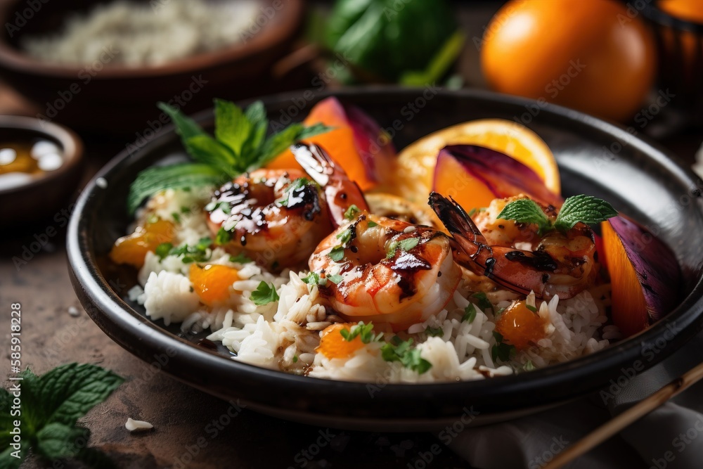  a plate of shrimp and rice with oranges and mint garnish on a table next to a bowl of rice and oran