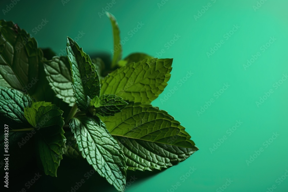  a close up of a green leafy plant on a green background with a blue background and a light green wa