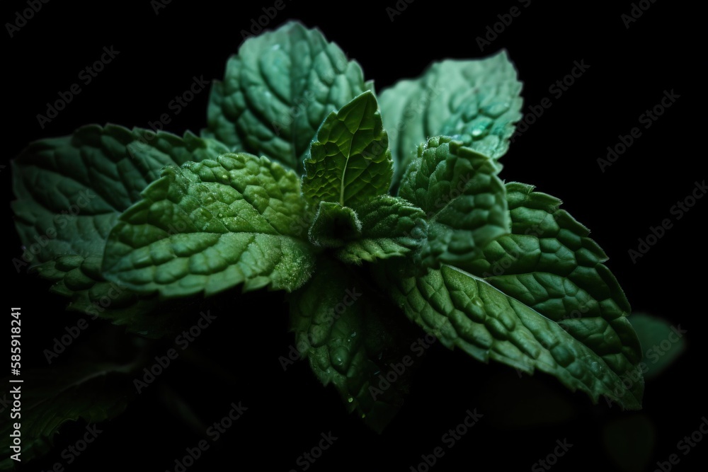  a close up of a green leafy plant on a black background with water droplets on the leaves and the l