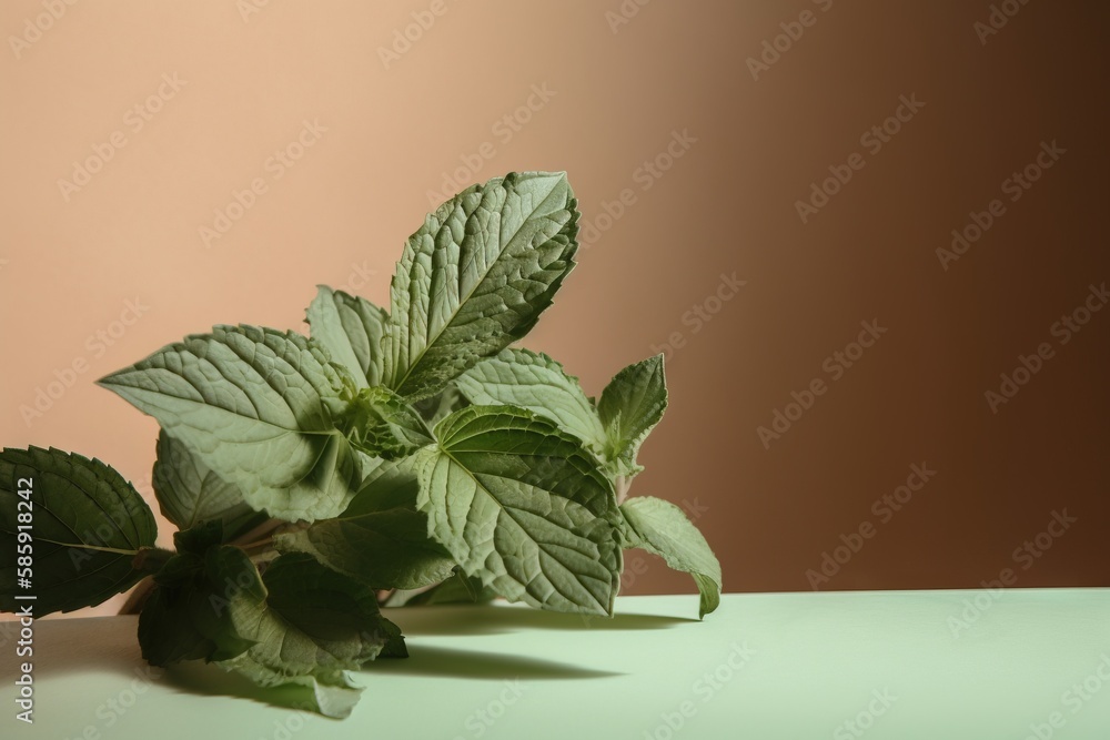  a green leafy plant on a table in front of a brown wall with a light green back dropper in the cent