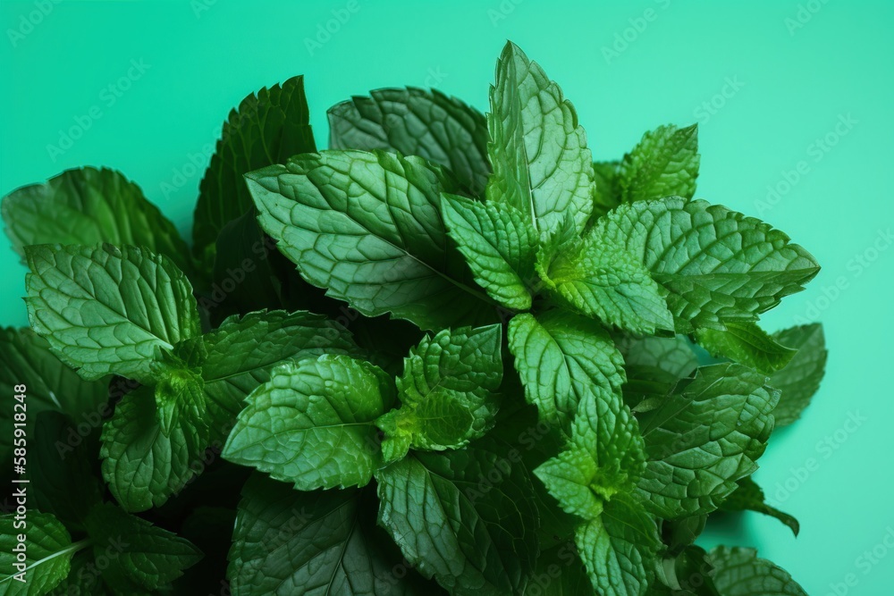  a close up of a bunch of green leaves on a green background with a blue background behind it and a 