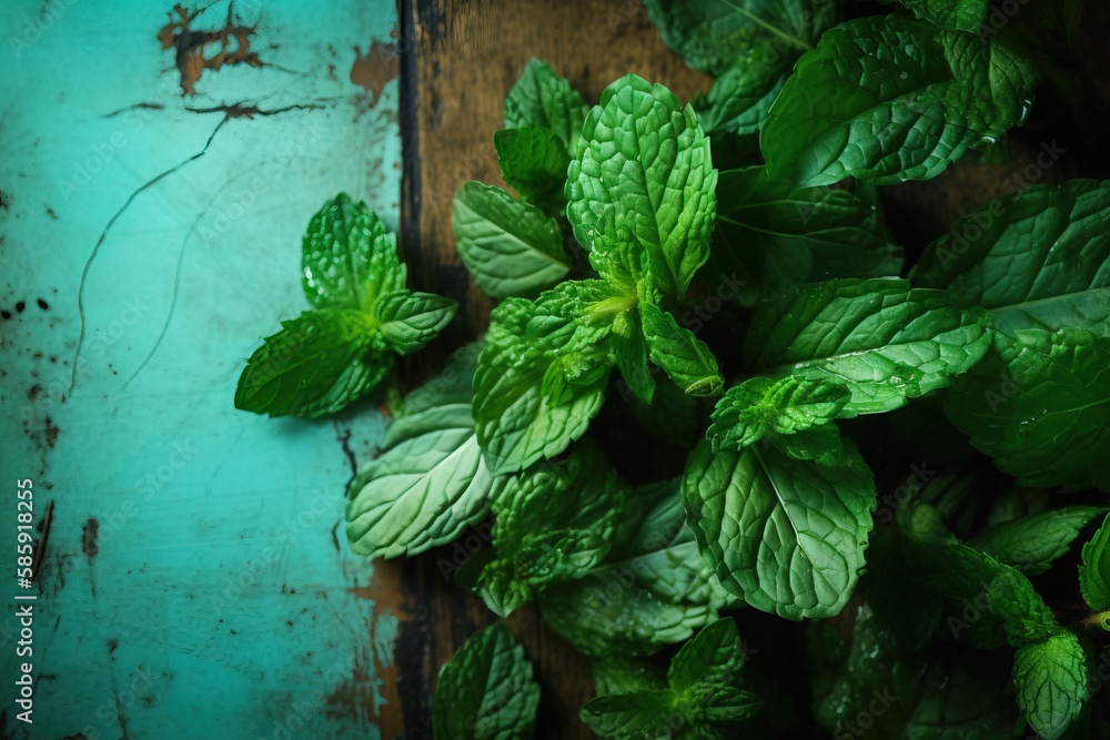  a bunch of green leaves sitting on top of a wooden table next to a blue wall and a wooden board wit