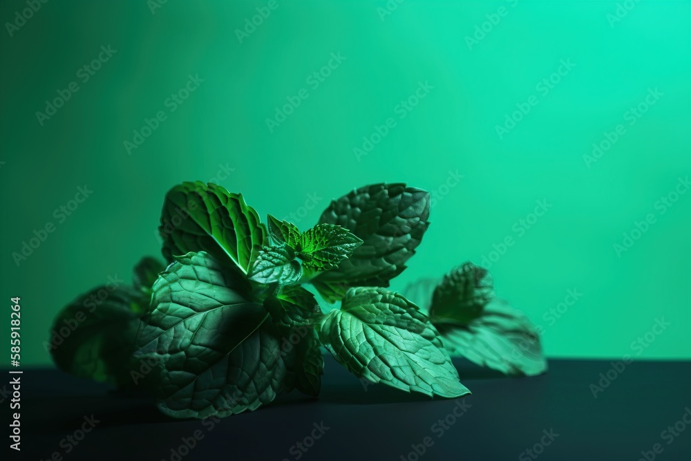  a close up of a green leafy plant on a black surface with a green backgrounnd behind the leaves and