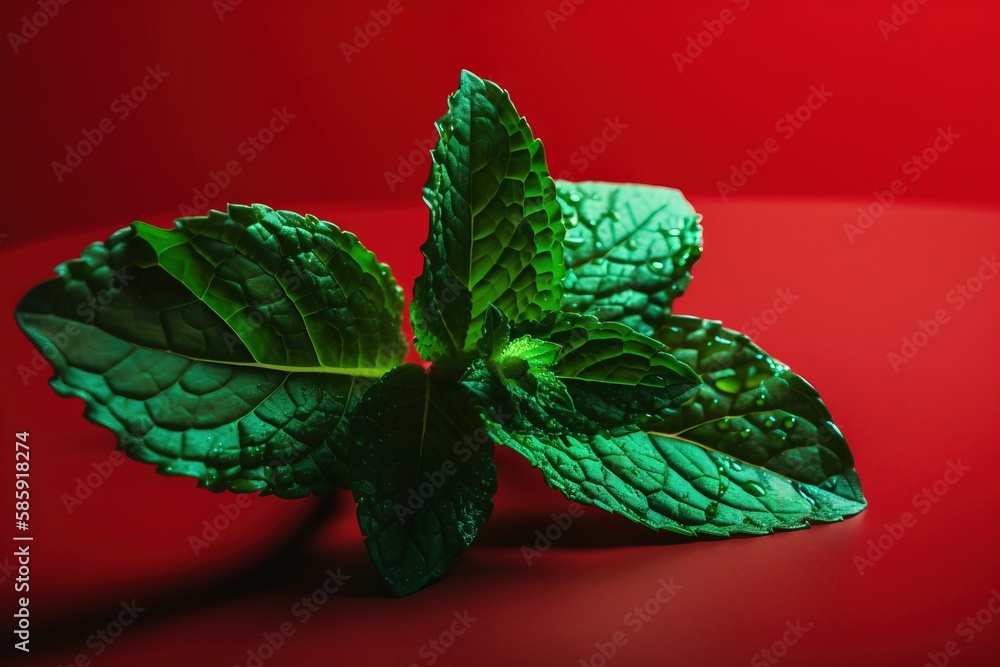  a close up of a green leaf on a red surface with a red back ground and a red wall in the background