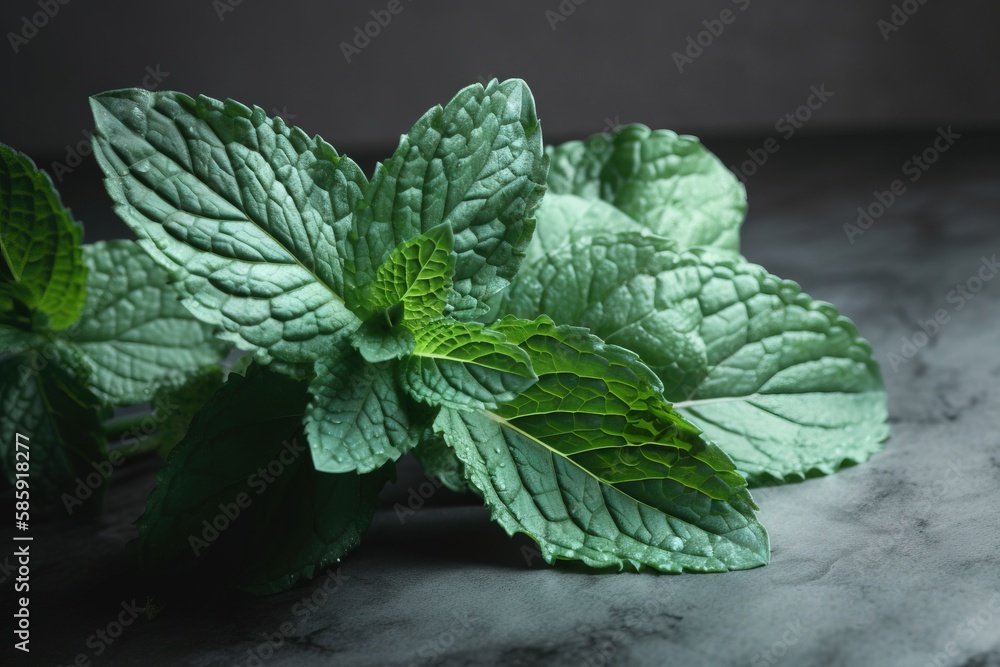  a close up of a green leafy plant on a marble surface with a black background in the foreground and