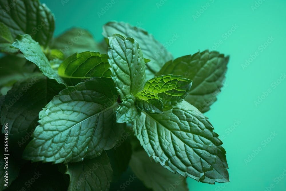  a close up of a green leafy plant on a blue background with a green background behind it and a ligh