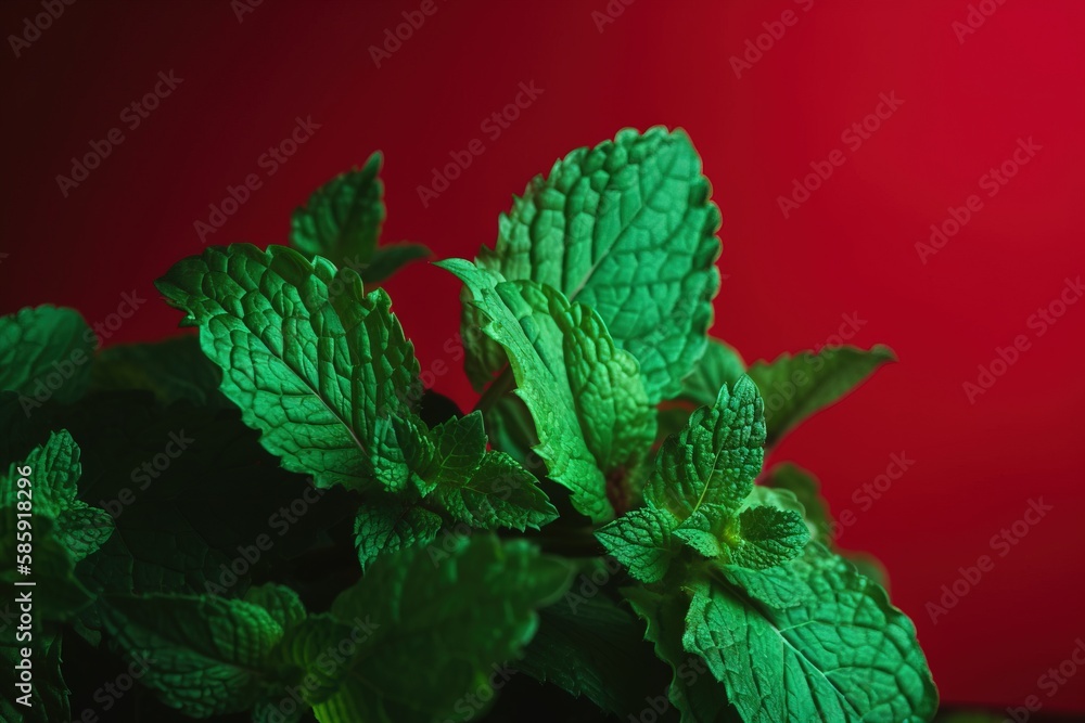  a close up of a green leafy plant on a red background with a red wall in the back ground and a red 