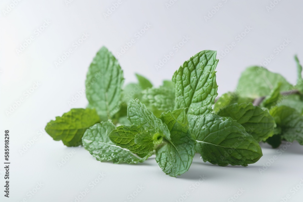  a group of mint leaves on a white surface with water droplets on them and a few green leaves on the