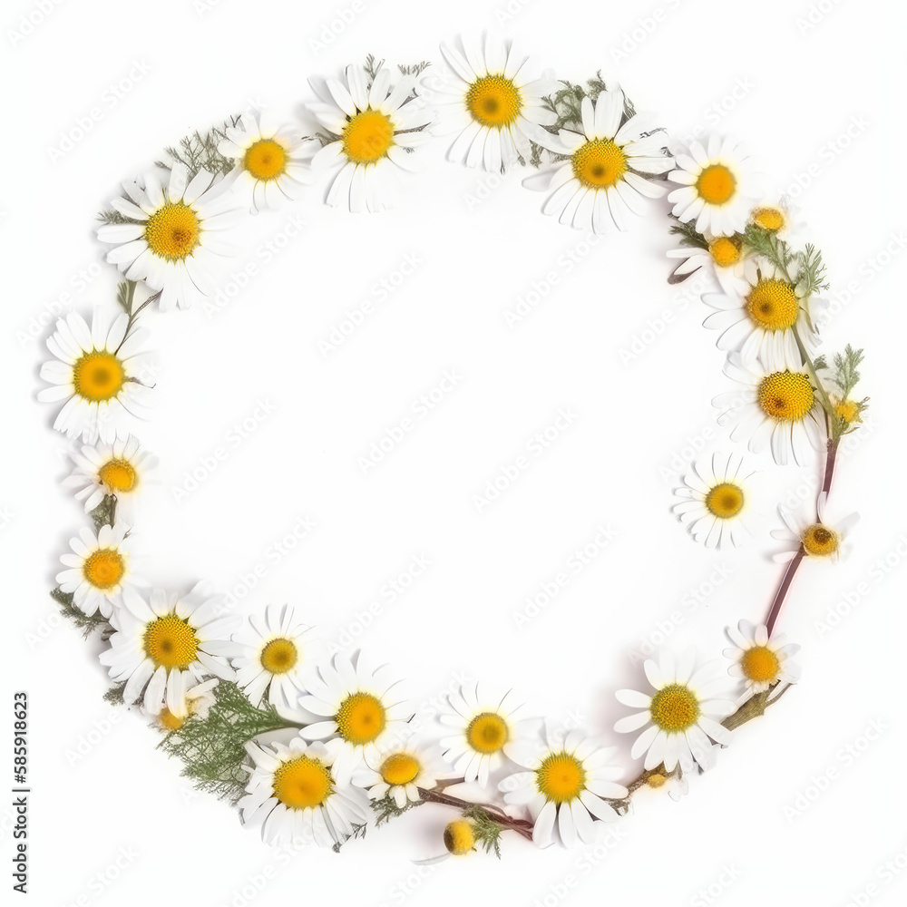 Circle chamomile frame. Illustration AI Generative.