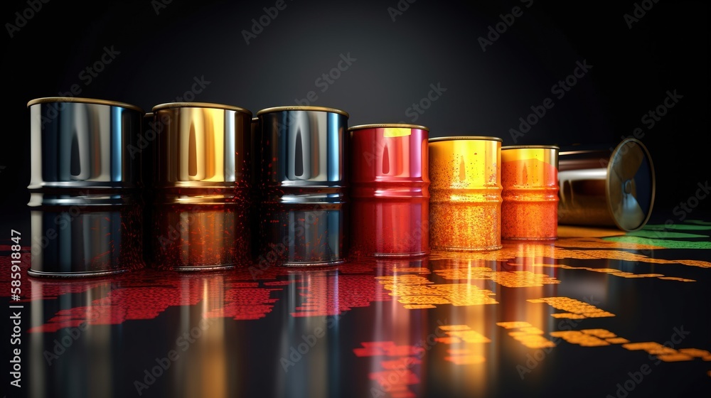  a row of metallic cans sitting on top of a black floor next to a red and yellow line of numbers on 