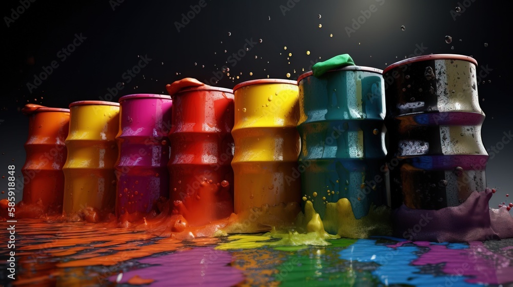  a group of colorful cans of paint splashing on the ground and on the ground, with a black backgroun