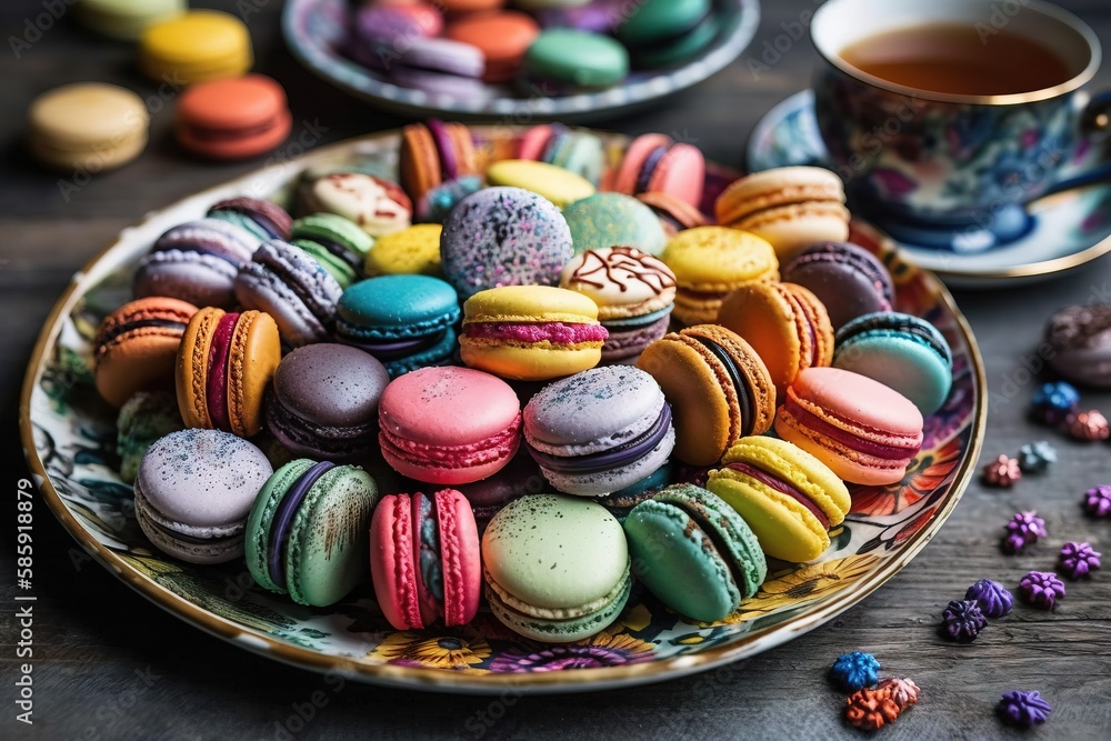  a plate full of colorful macaroons next to a cup of tea and a plate of macaroons on a table with ot