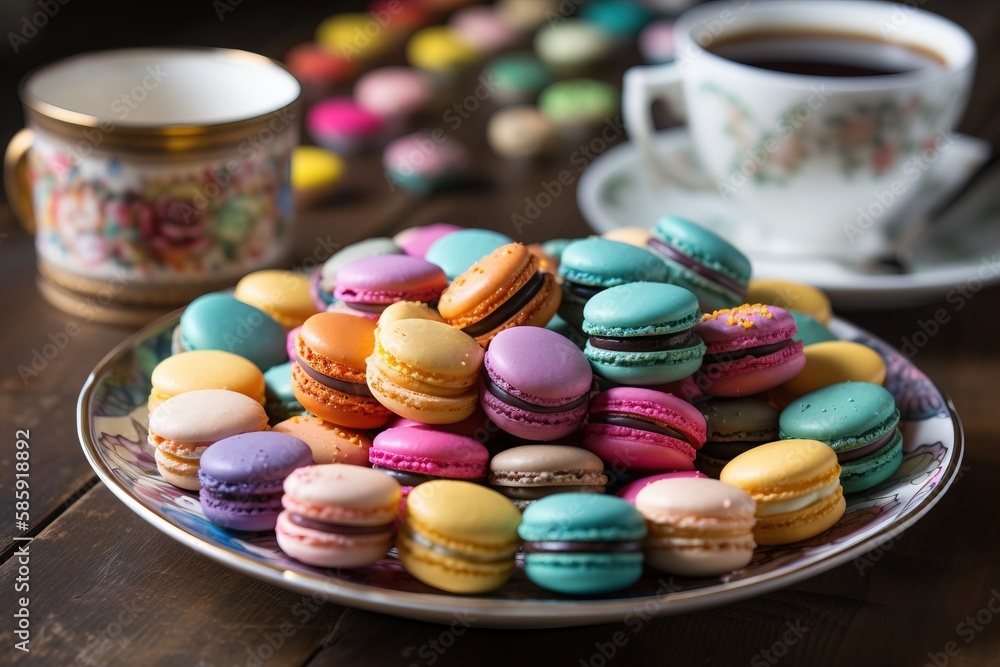  a plate full of colorful macaroons next to a cup of coffee and a plate of cookies on a table with a