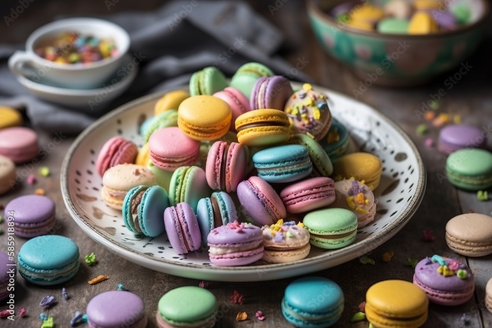  a plate full of colorful macaroons and a bowl of sprinkles on a table next to a bowl of other macar