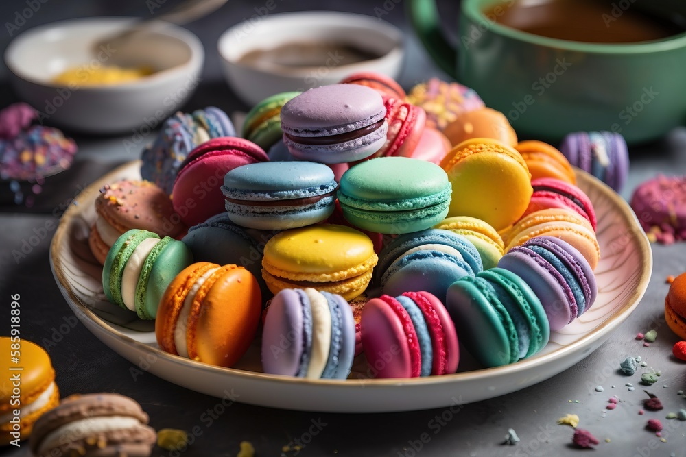  a plate full of colorful macaroons next to a cup of coffee and a bowl of tea on a table with other 