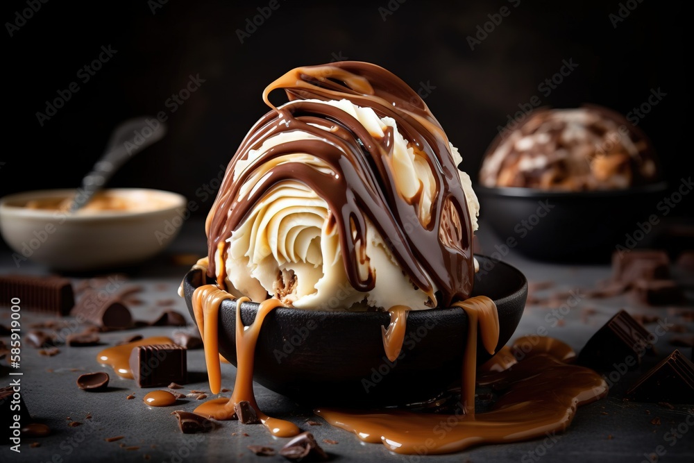  a scoop of ice cream with caramel drizzle and chocolate drizzle on a black plate with a bowl of cho