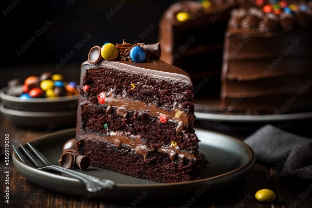  a slice of chocolate cake on a plate with a fork and a fork in front of the cake on the plate is a 