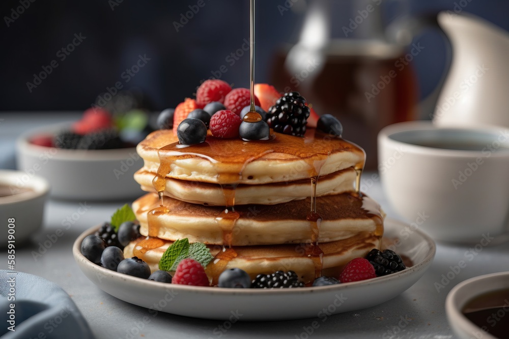  a stack of pancakes with syrup and berries on a plate with a cup of coffee and a teapot in the back