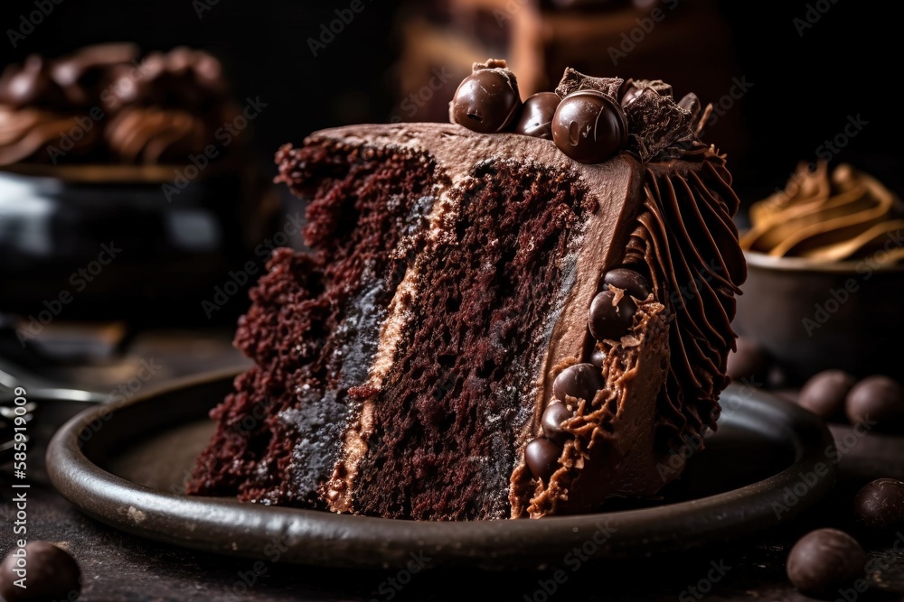  a slice of chocolate cake on a plate with chocolate candies around it and a bowl of chocolate candi