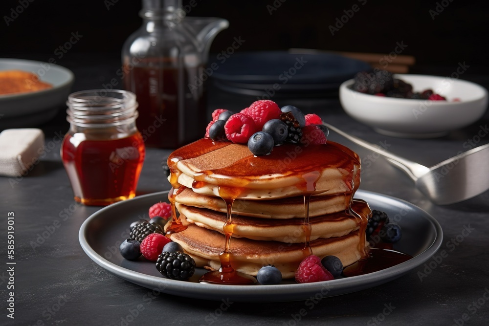  a stack of pancakes with syrup and berries on a plate next to a jar of honey and a spoon and a glas