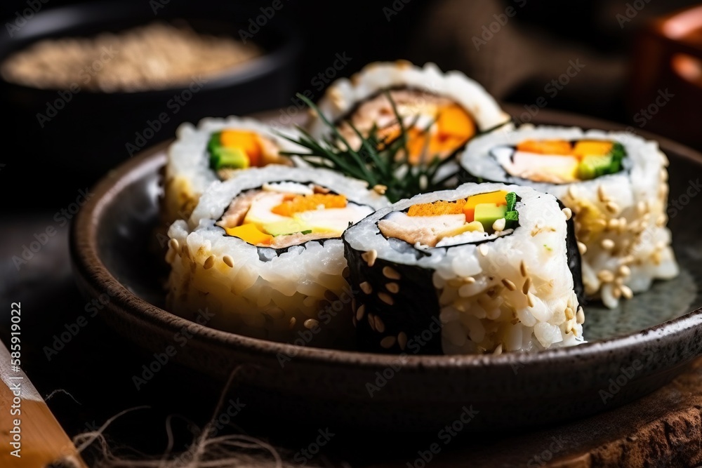  a plate of sushi on a table with chopsticks and a bowl of rice in the background with chopsticks in