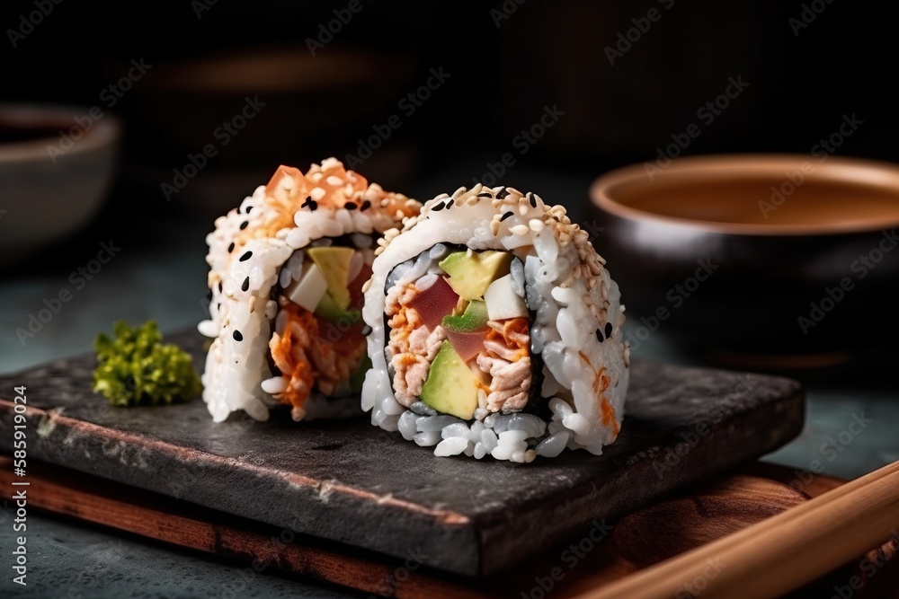  a sushi roll with avocado and other toppings on a slate board next to chopsticks and a bowl of sauc