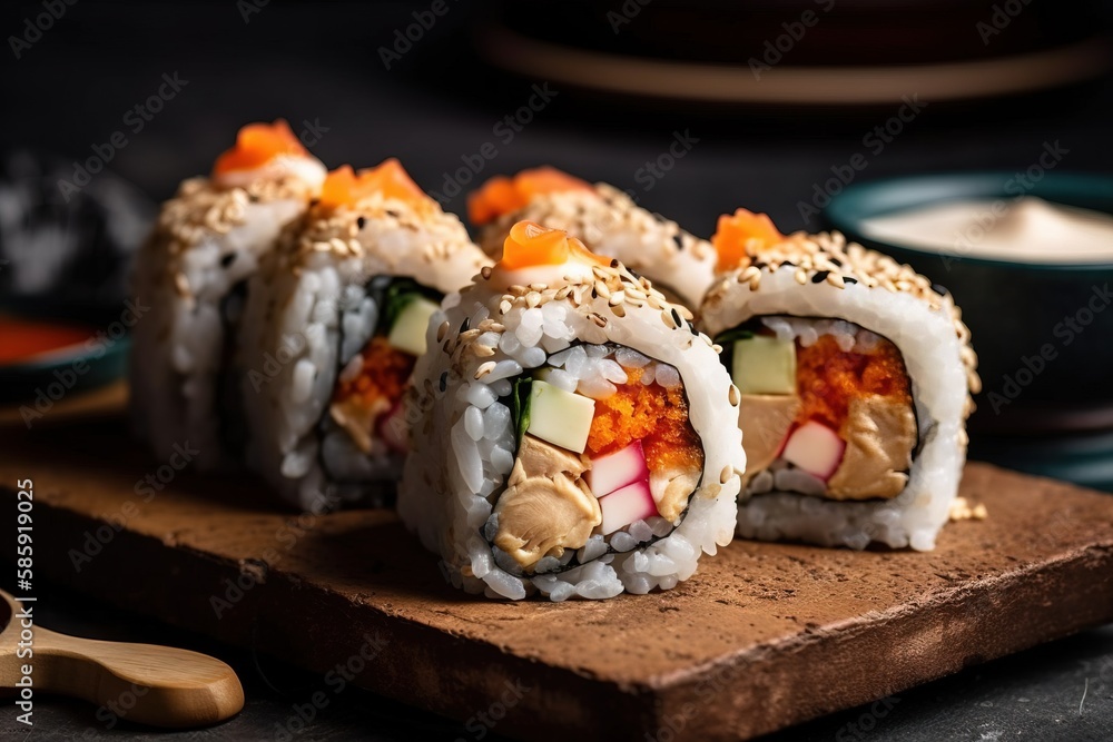  a sushi roll is on a cutting board next to a bowl of sauce and a wooden spoon on a black surface wi