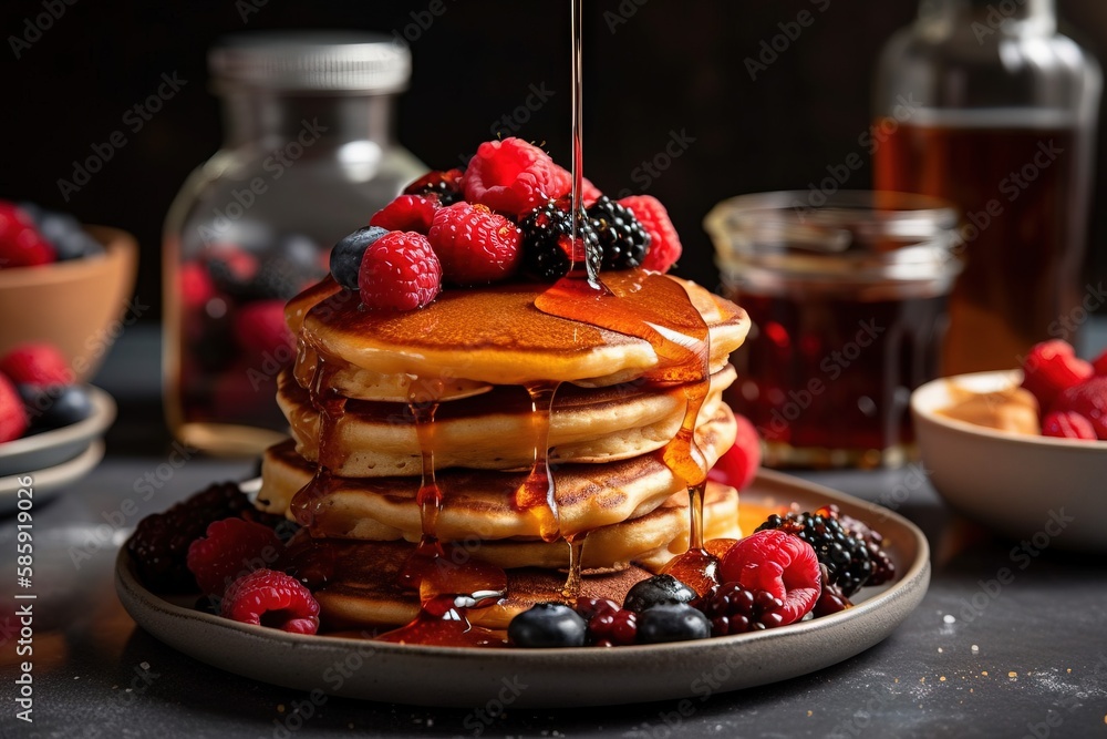  a stack of pancakes with syrup and berries on a plate next to a bowl of honey and syrup and a bottl