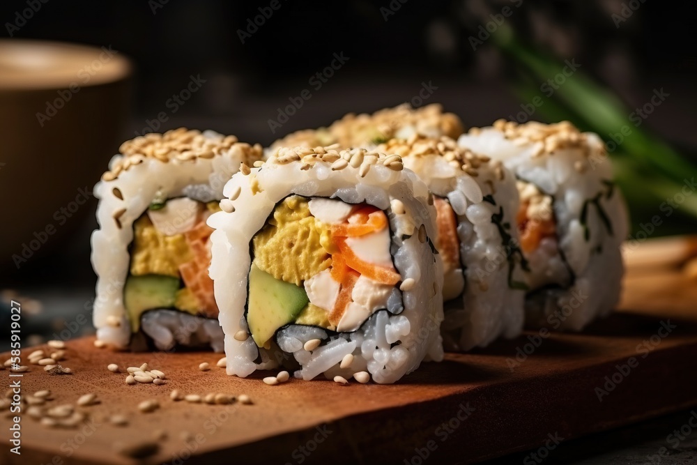  a close up of a sushi on a cutting board with a cup of coffee in the backgrouf of the picture and a