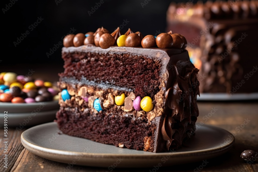  a slice of chocolate cake with chocolate candies on top of it and a plate with a piece of chocolate