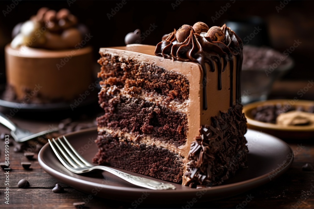  a slice of chocolate cake on a plate with a fork and a fork in front of the cake on a plate with a 