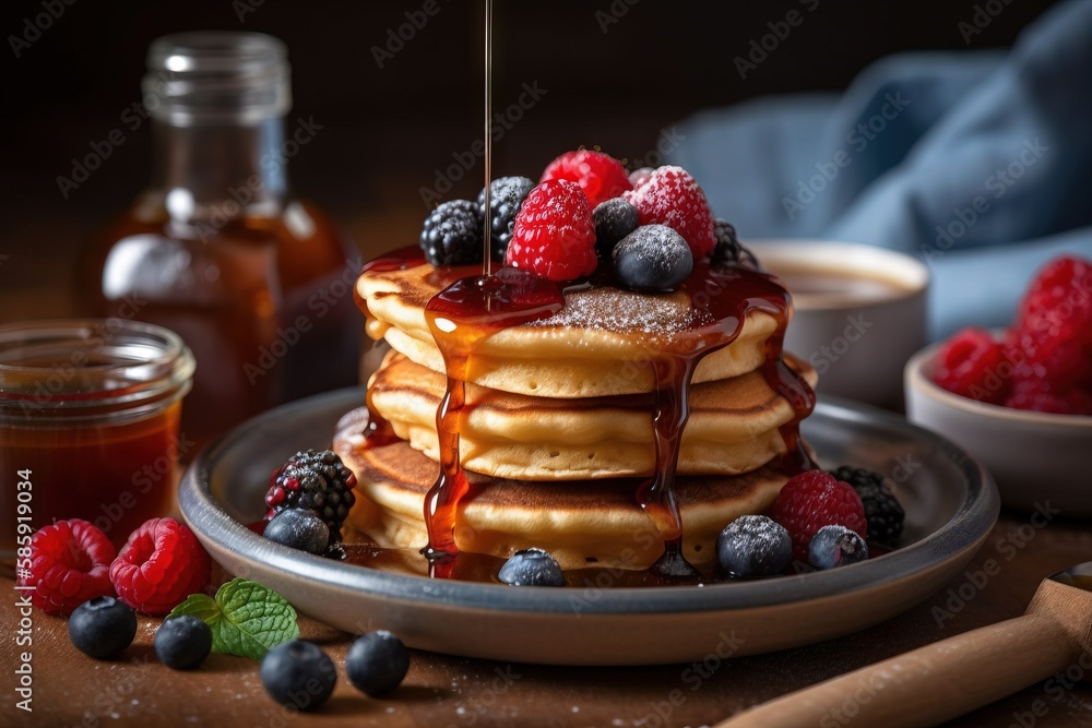  a stack of pancakes with syrup and berries on a plate next to a jar of honey and a cup of coffee an