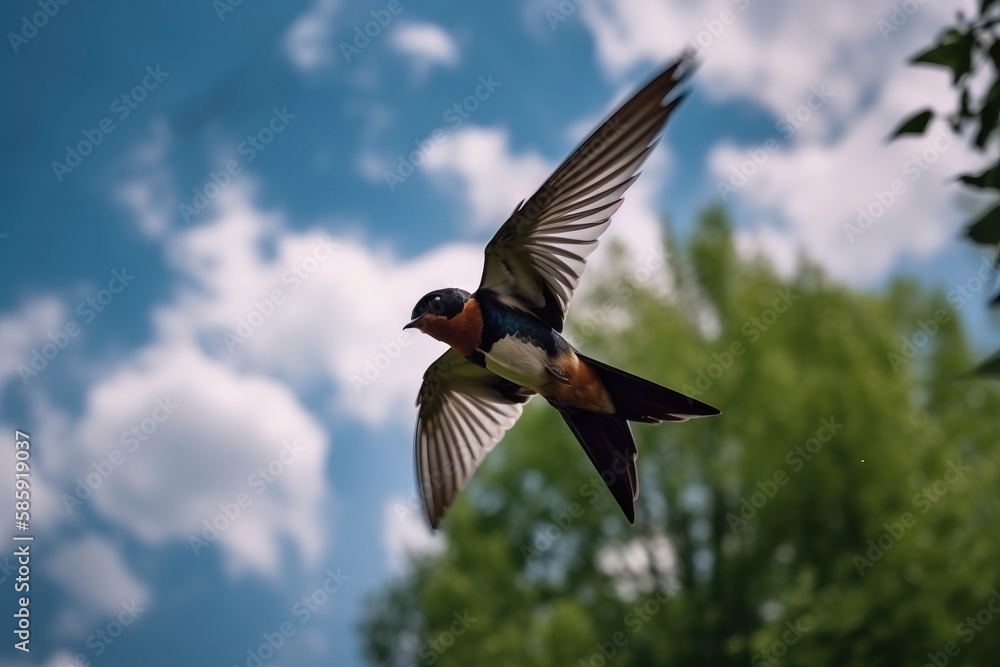  a bird flying through the air with a tree in the background and a blue sky with clouds in the backg