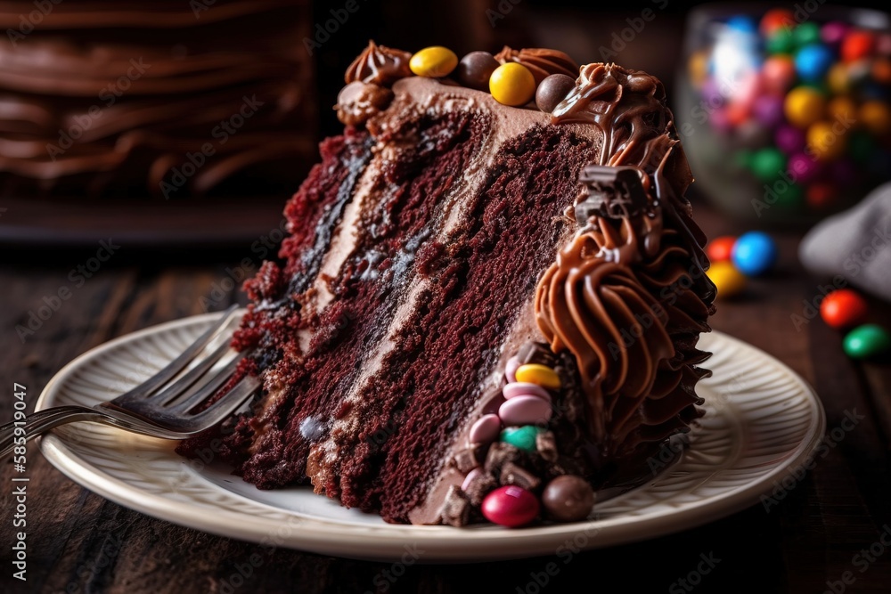  a slice of chocolate cake on a plate with a fork and candy on the side of the plate and a cake in t