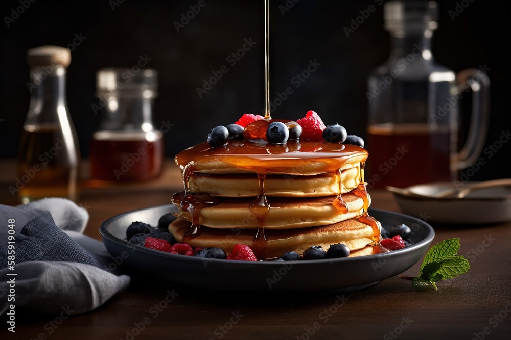  a stack of pancakes with syrup and berries on a plate with a spoon and a bottle of syrup in the bac