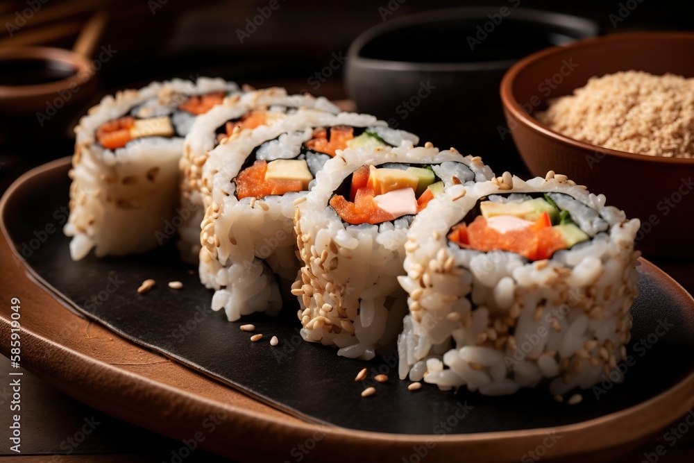  a plate of sushi and a bowl of rice on the side of the plate is a bowl of rice and a bowl of rice o