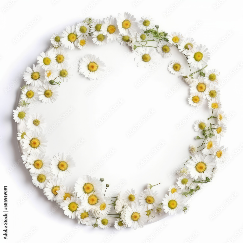 Circle chamomile frame. Illustration AI Generative.