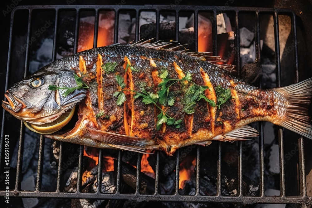  a fish is cooking on a grill with a lot of sauce on its side and a bunch of green leaves on its s