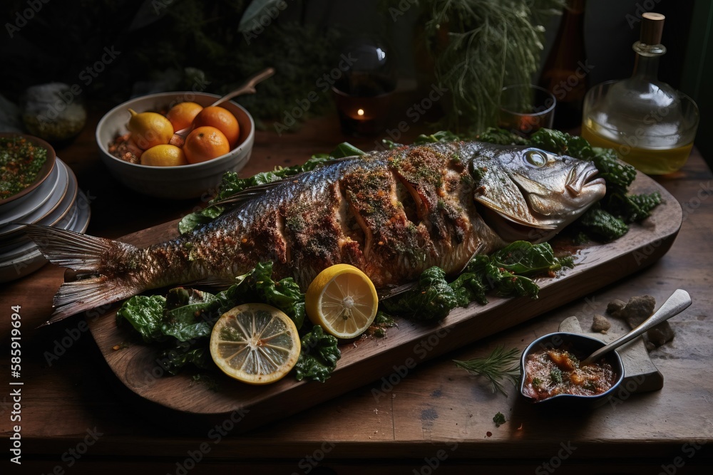  a fish is sitting on a cutting board with lemons and other foods around it on a wooden table with a