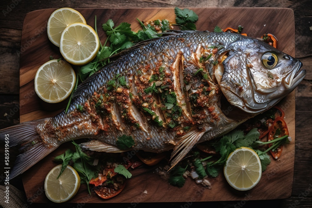  a fish is on a cutting board with lemons and cilantro on the side of the board and on the side of t