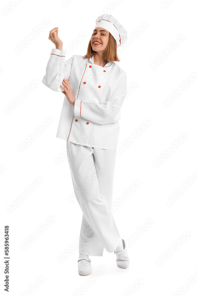 Female baker in uniform on white background